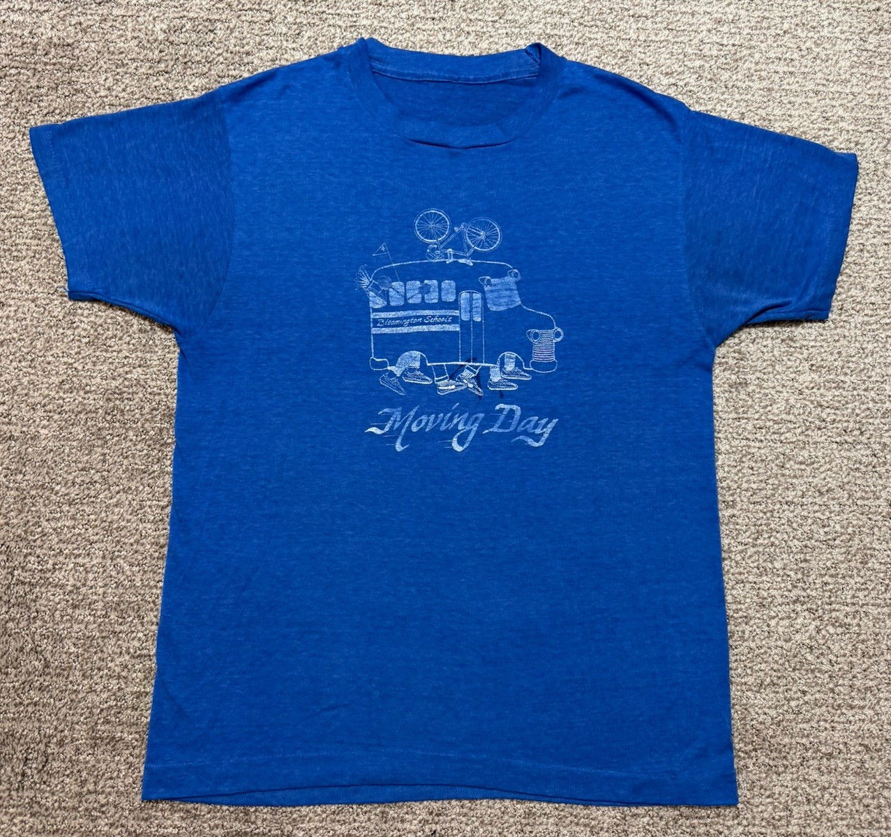Vintage 80s Moving Day Bloomington Schools Paper Thin Blue T Shirt Men’s SM/Med