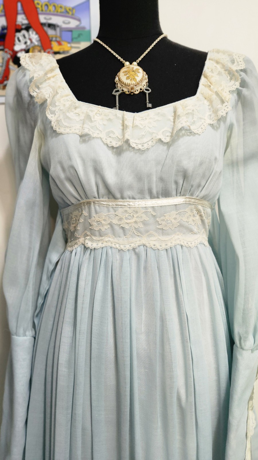 70s Gunne Sax Romantic Prairie Ice Blue Lace Dress XS Small Size 7