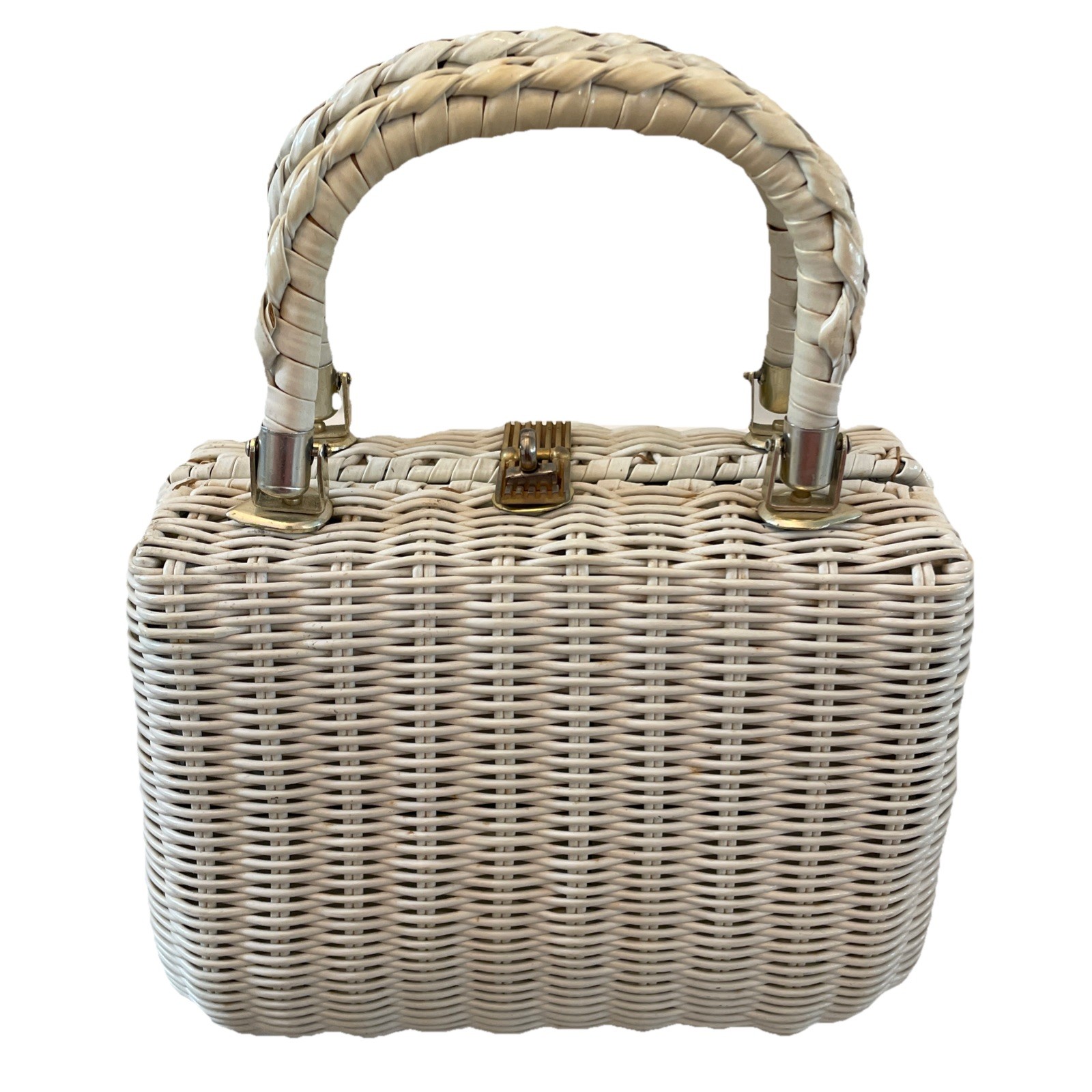 Vintage 60s Lesco Lona White Wicker Rattan Basket Purse Braided Handles Tote