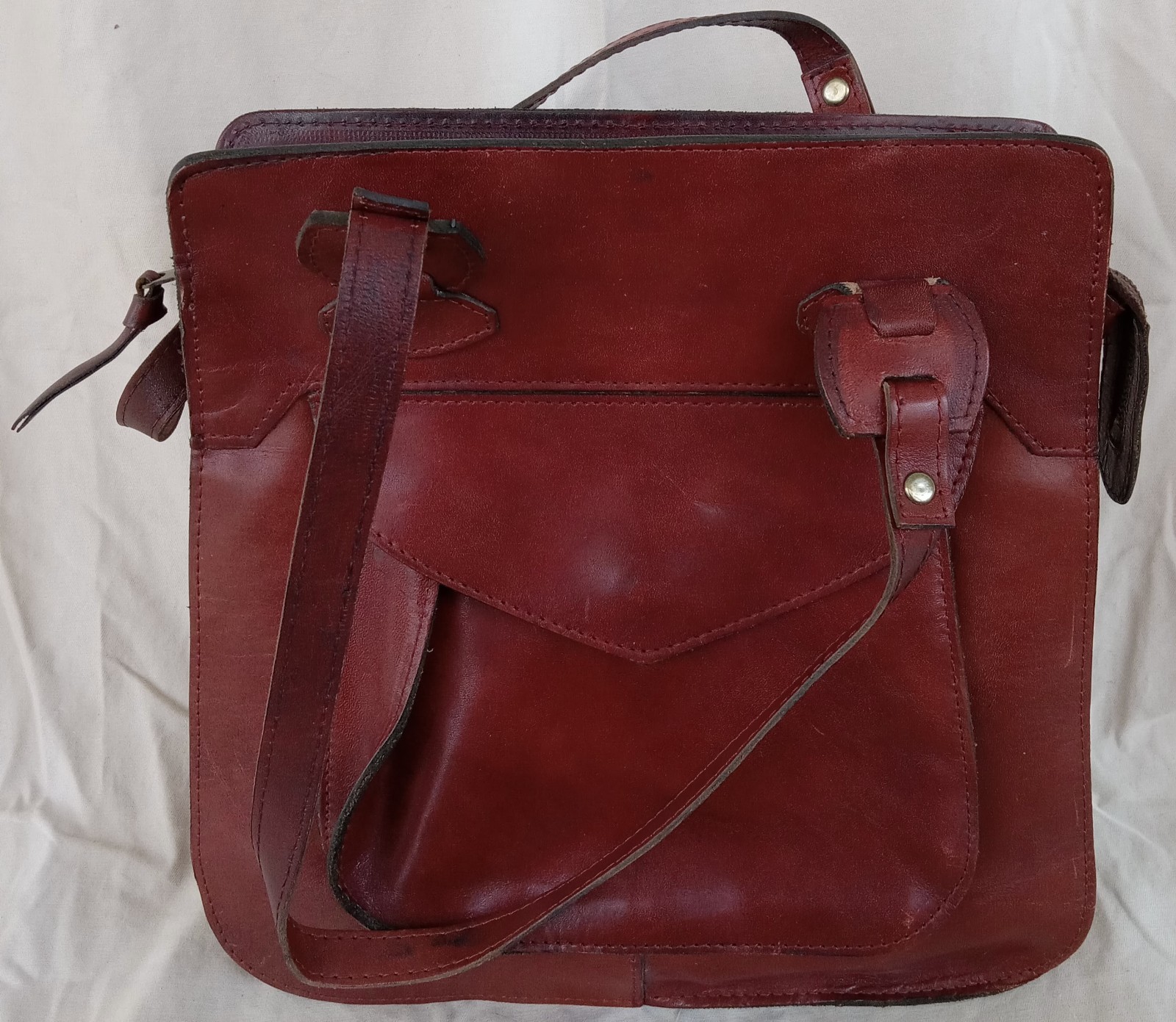 Vintage 1970s High Quality Heavy Brown Leather Handbag Pockets Amazing Cond