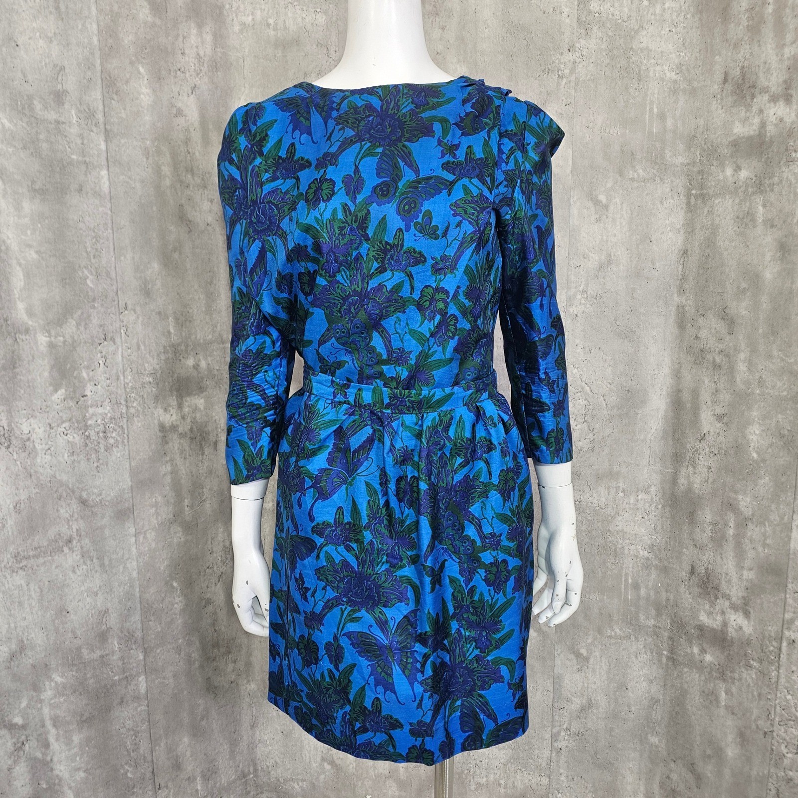 Handmade Vintage Blue Butterfly Floral 2Pc Skirt Set Puff Sleeve Mod Glam M