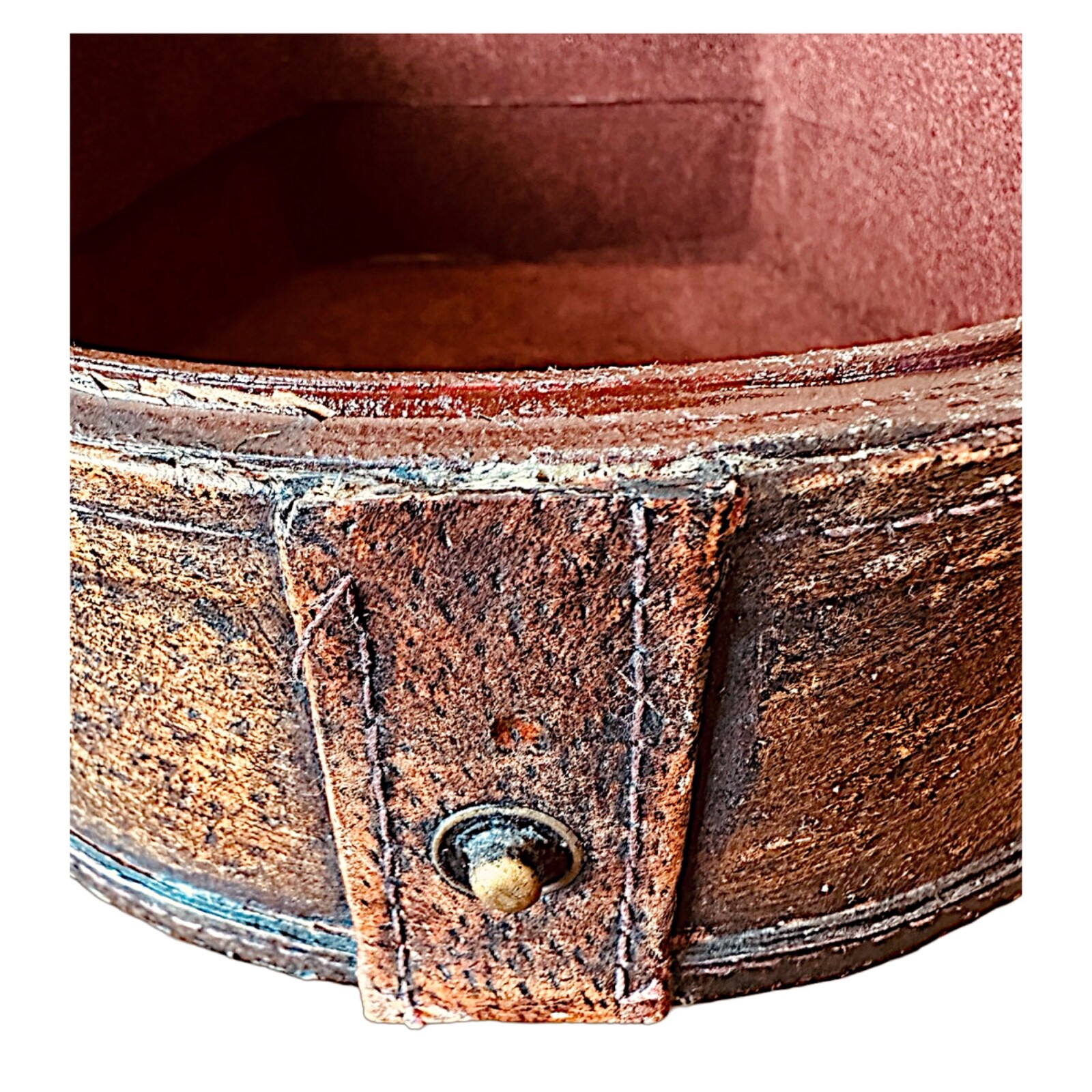Vintage Antique Bent Wood Leather Covered Collar Box Felt Lined Leather Strap