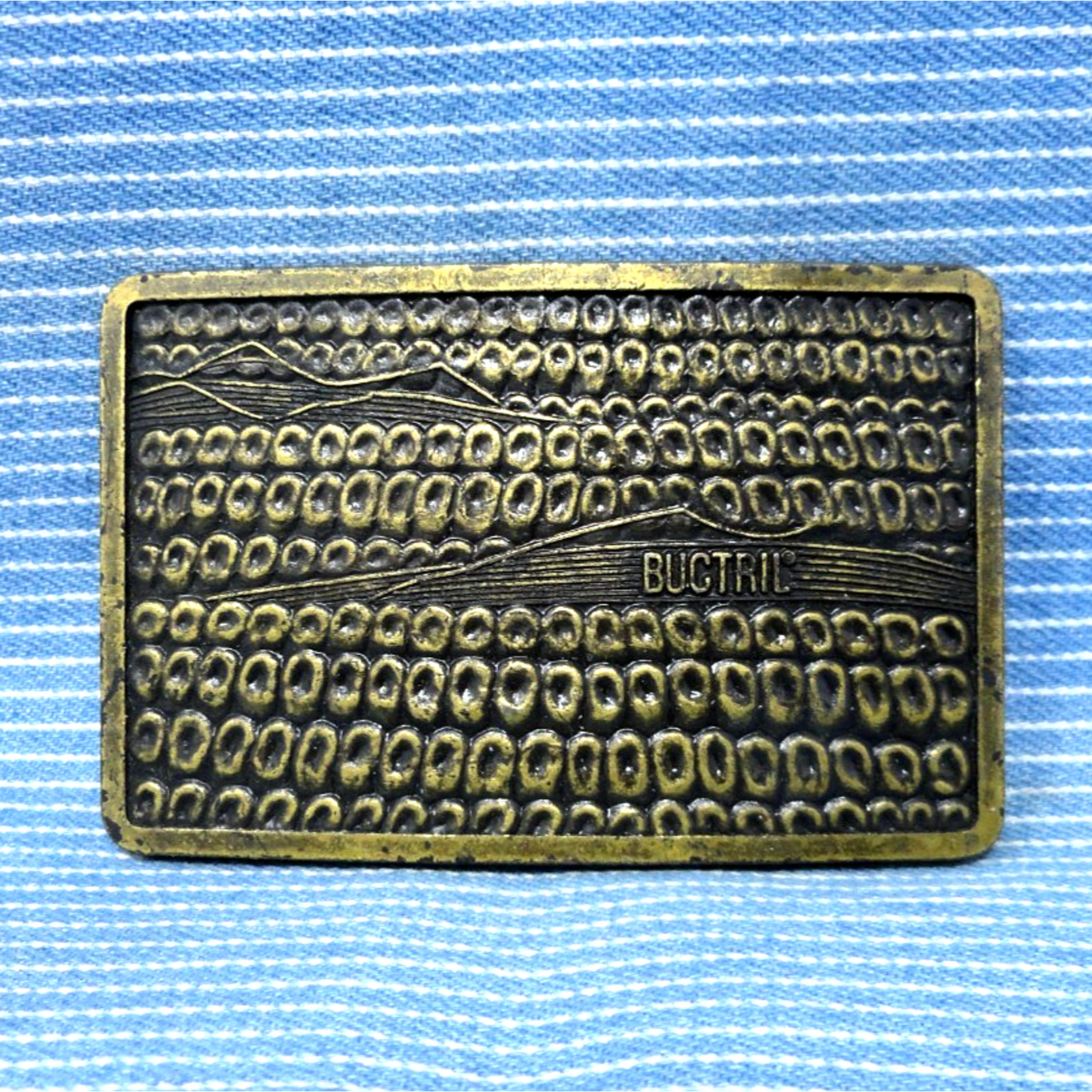 Farmers Buctril Corn Herbicide Promo Belt Buckle Rhone Poulene Vtg 1970s .CPA984