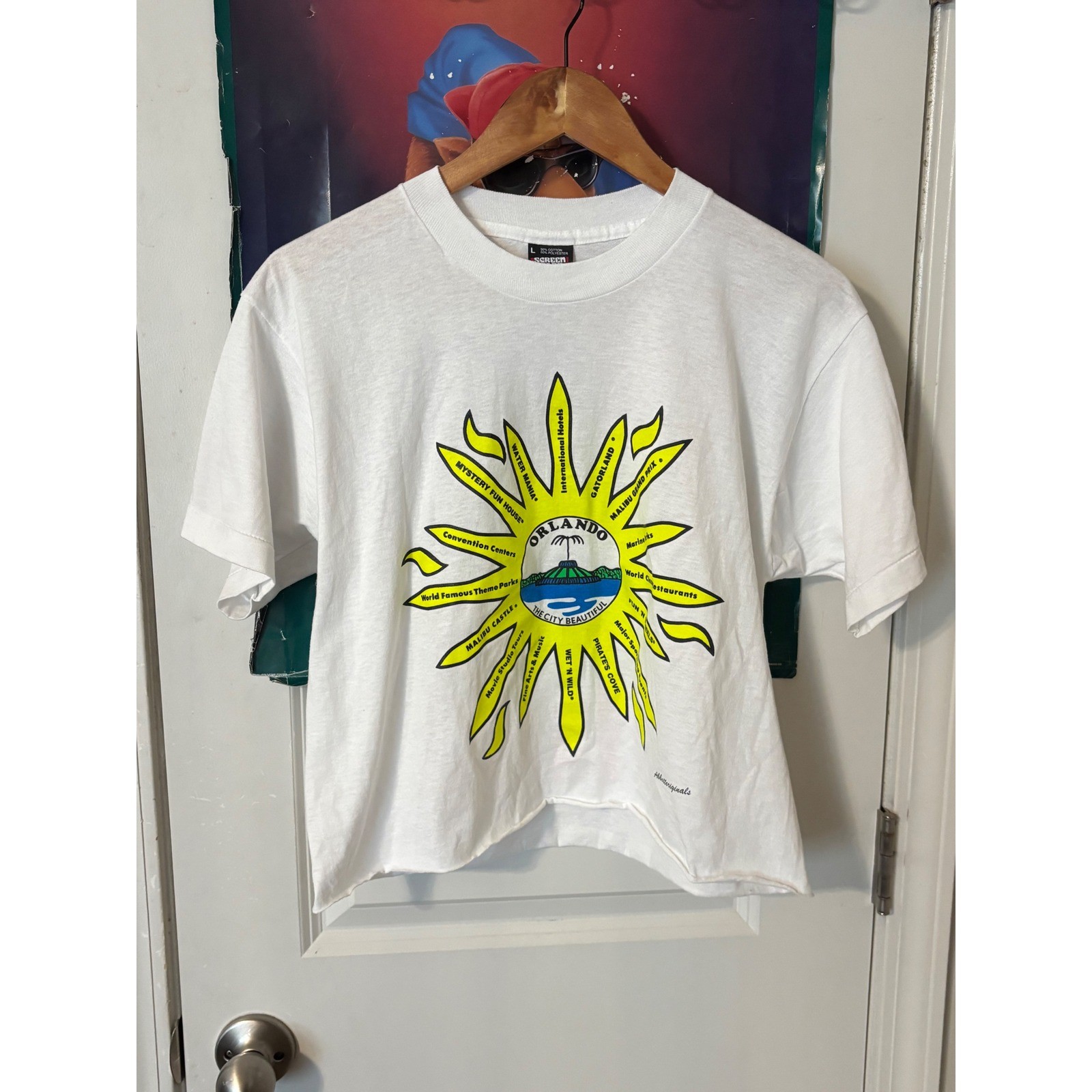 Vintage Screen Stars Orlando Florida Sun Graphic Cropped T-Shirt White Large