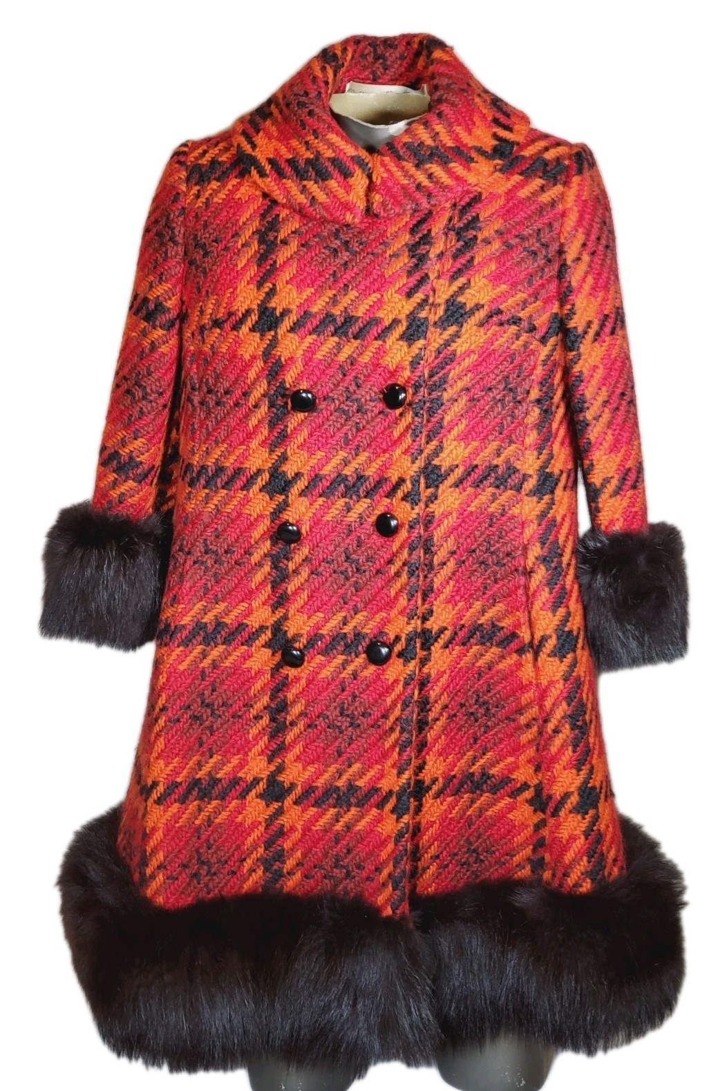 VTG ’60s Lilli Ann Scottish Knit Plaid Red Swing Coat Fox Fur Trim Women’s M*