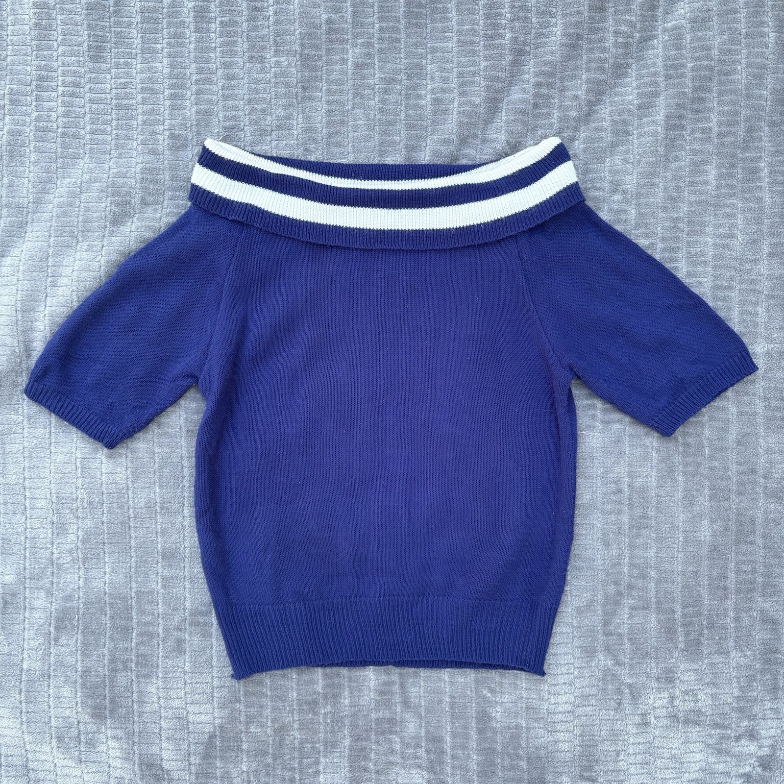Vintage 80s NOTORIOUS Nautical Sailor Stripe Off Shoulder Bardot Knit Sweater M