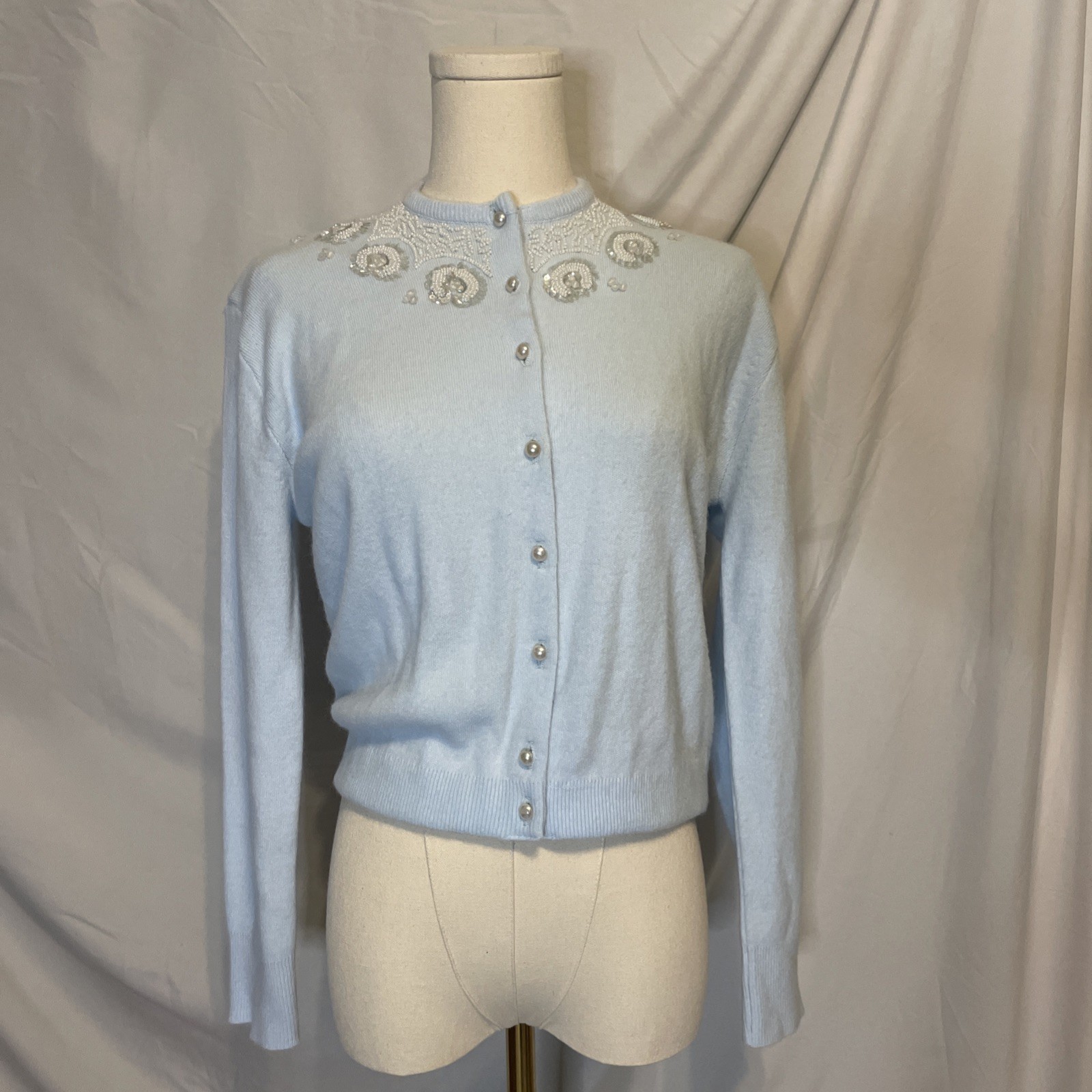 Park Storyk 1950’s Vintage Orlon Acrylic Cardigan Knit Sweater Blue Beaded S