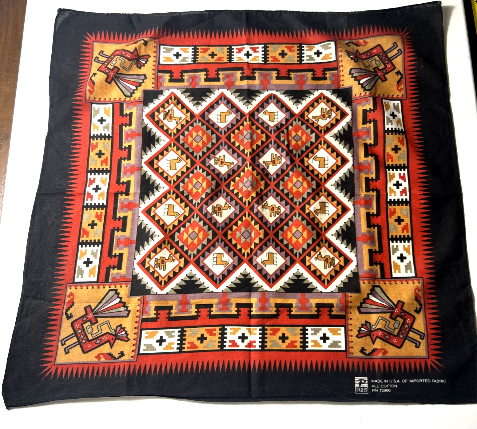 Vintage Paris Bandana RN #13960 USA Made Southwestern Aztec Native Black Border