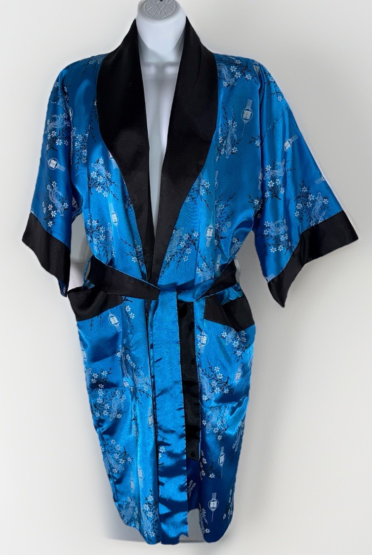 Vintage Silk Dragon Embroidered Blue Black Reversible Kimono Asian Robe Sz M