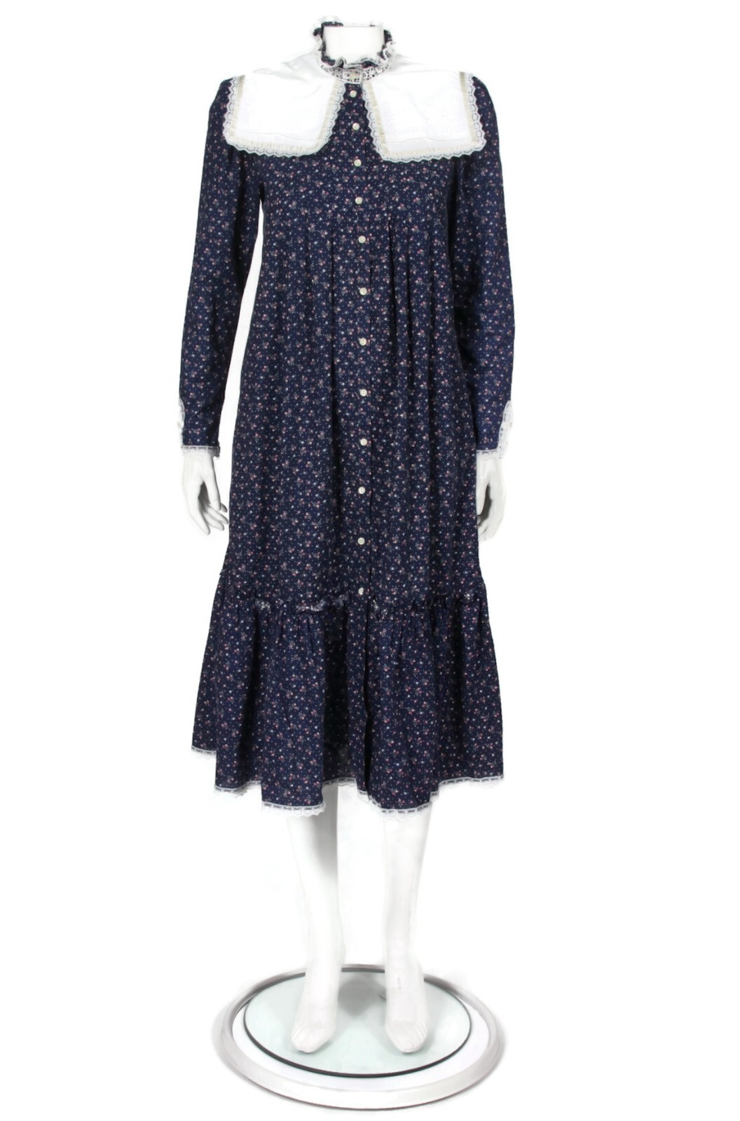 Vtg GUNNE SAX Blue Floral Calico White Lace Sailor Collar Modest Dress sz M /319