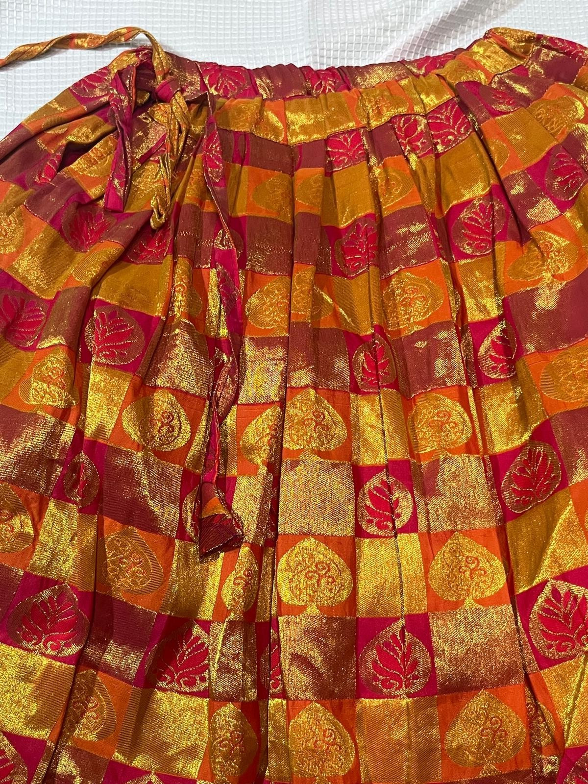 Vintage Metallic Gold Pink Brocade Maxi Skirt Ethnic Shiny Festive Drawstring