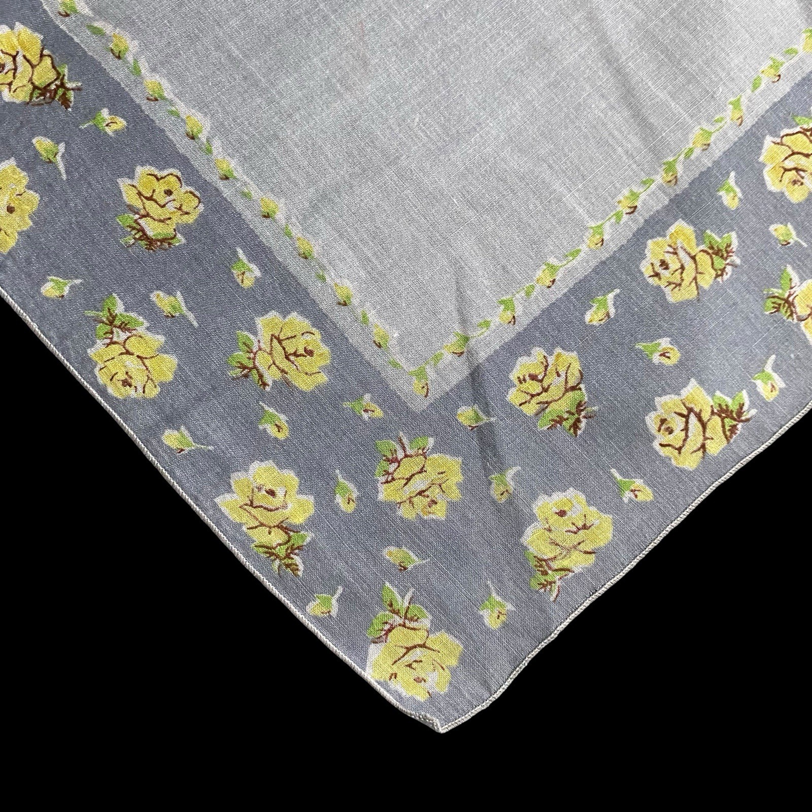 Vtg Hanky Handkerchief Yellow Roses Gray Border HK193