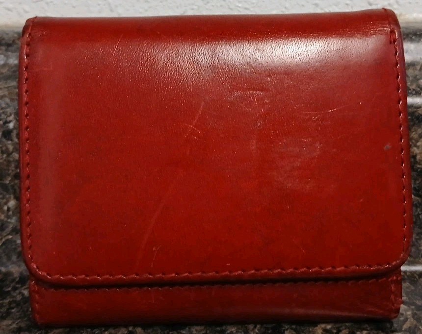 VTG Red Italian Calfskin Leather Compack Trifold Card Cash Coin Wallet-4×3.25″