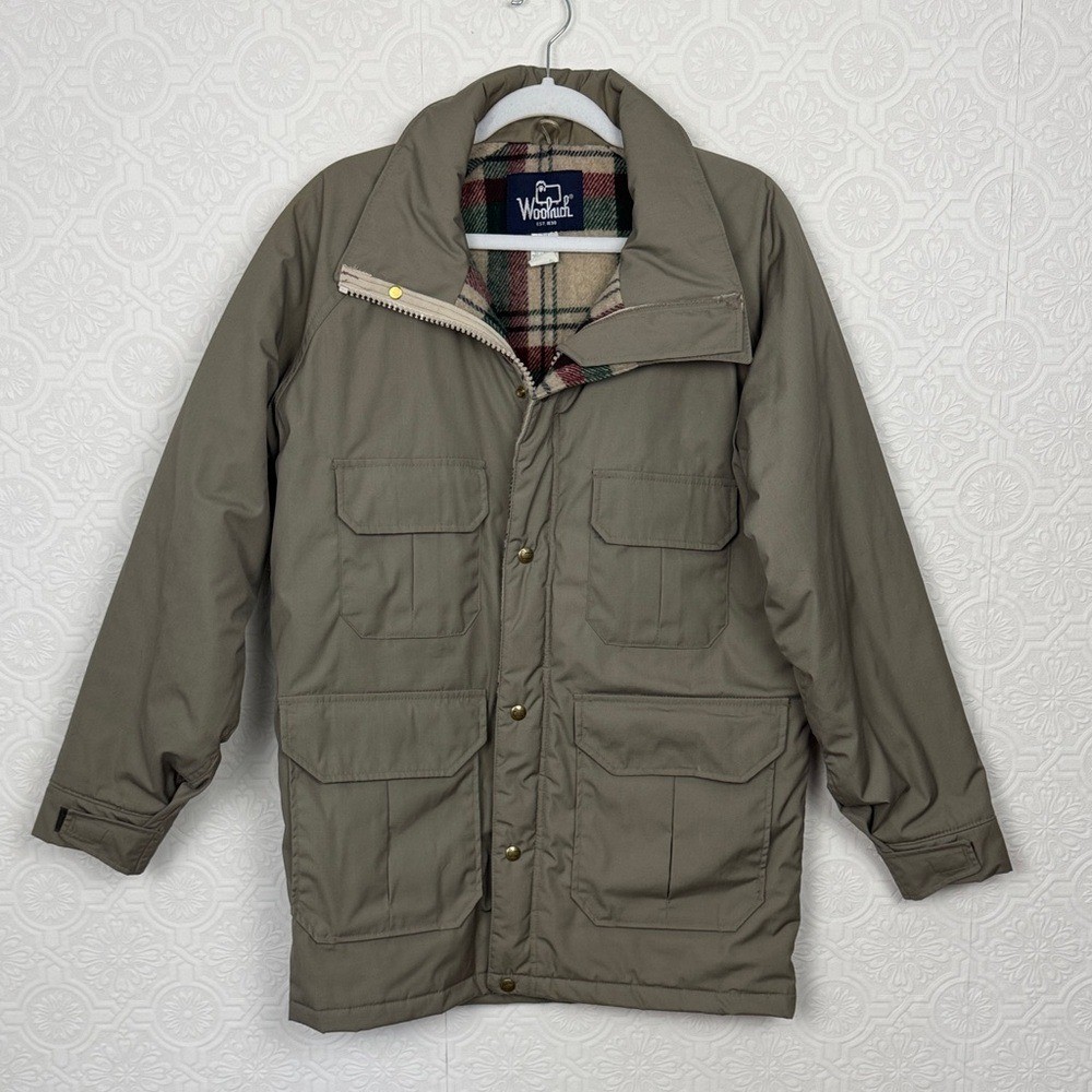 Woolrich Barn Chore Vintage Plaid Lined Field Jacket Khaki Coat Small Made USA