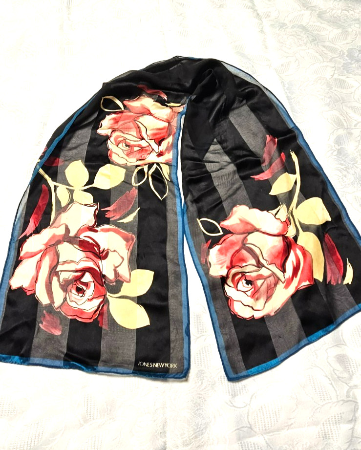 Vintage~~Jones New York~~Scarf~~Rectangular~~Black Multi Color ~52″ L X 11″ W