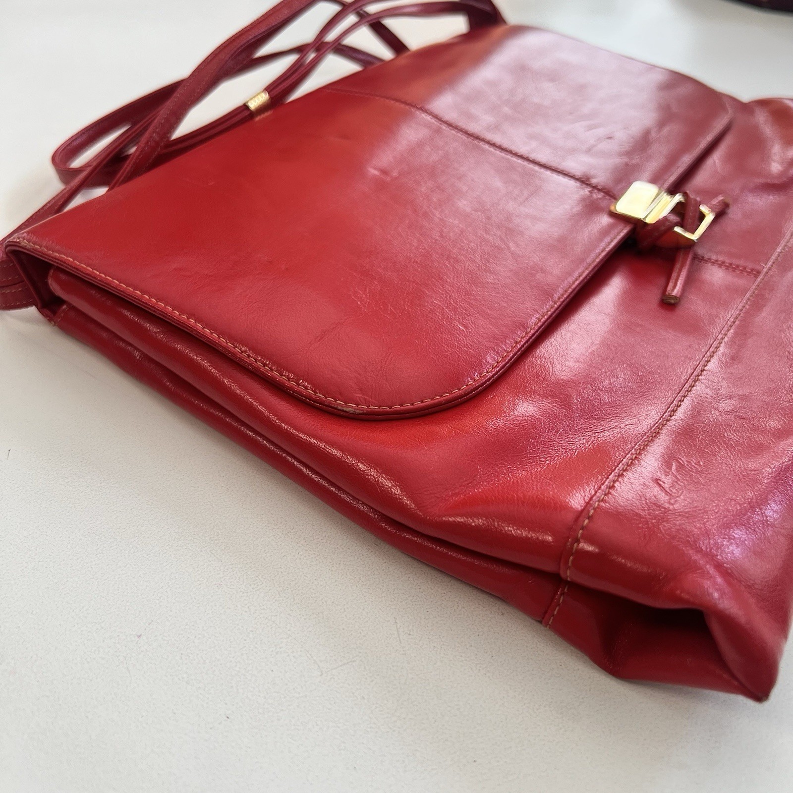 Vintage Lou Taylor Red and Beige Leather Purse Gold Hardware Double Sided Mirror
