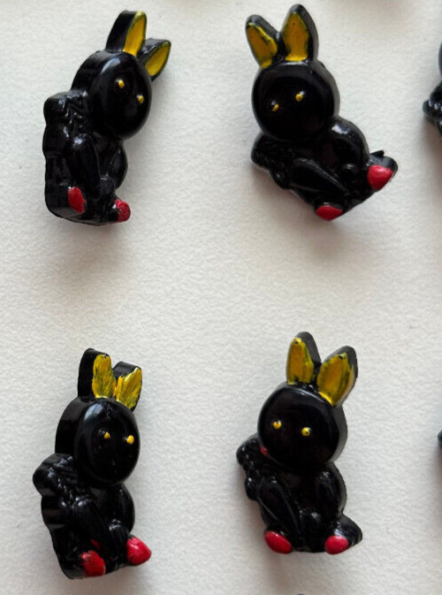 30 Vintage BLACK BUNNY Yellow Ears RED feet PLASTIC buttons TINY RABBITS Easter!