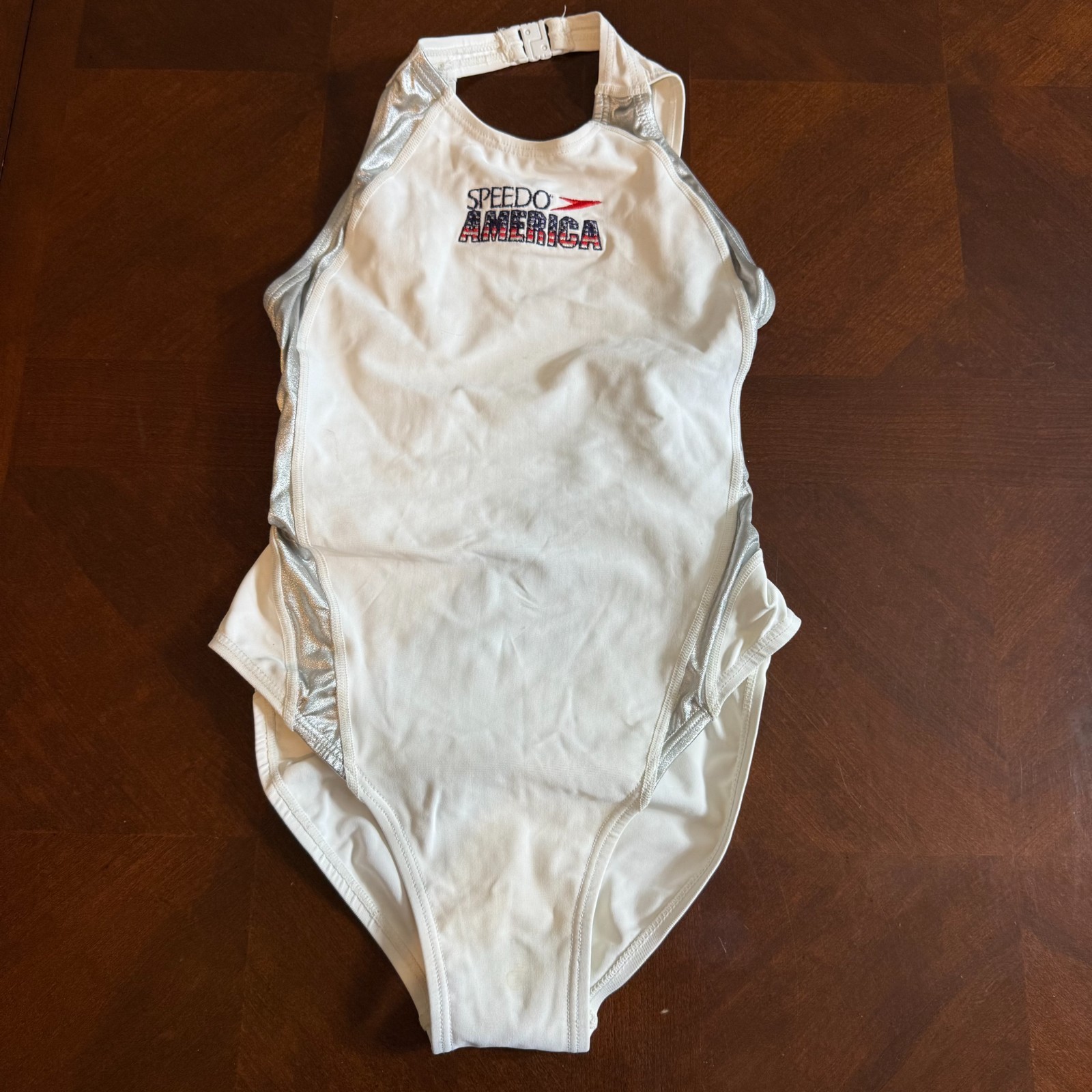 Vintage Speedo America USA Flag Embroidered Swimsuit White Silver Women’s 8 USA