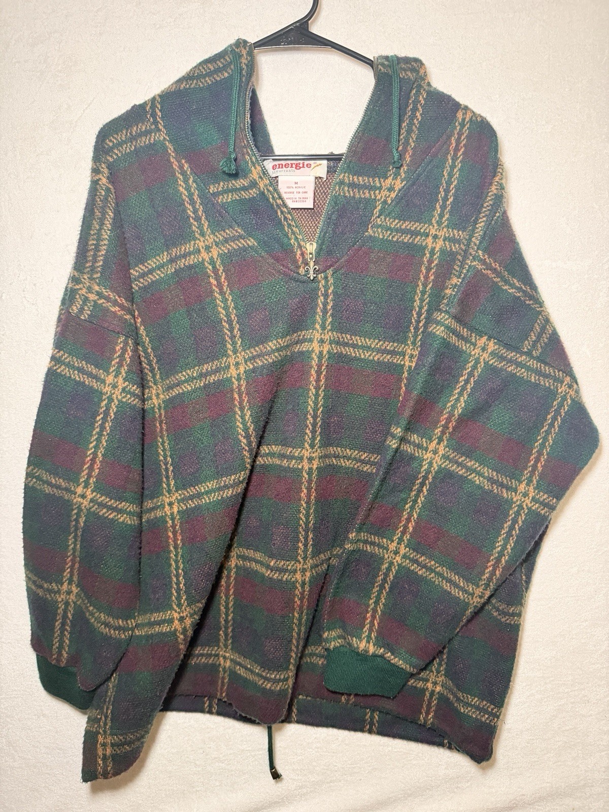 Vintage 90s Energie Bi Currants Plaid Hooded 1/4 Zip Sweater Women’s M Grunge