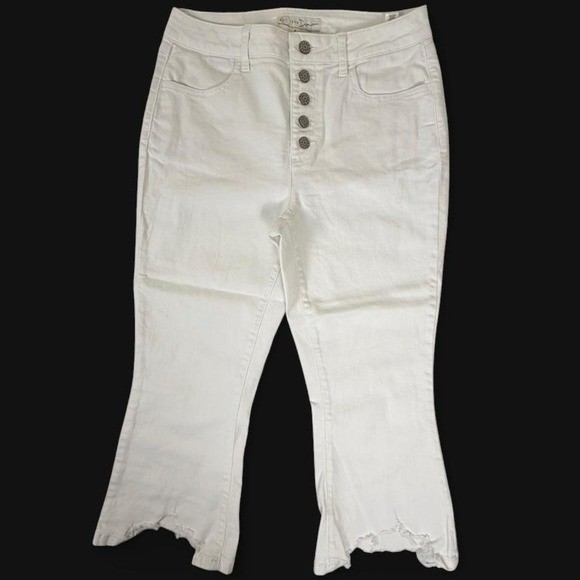 EST. 1946 Denim White Cropped Flare Jeans Size 10 Button Fly Raw Hem Stretch