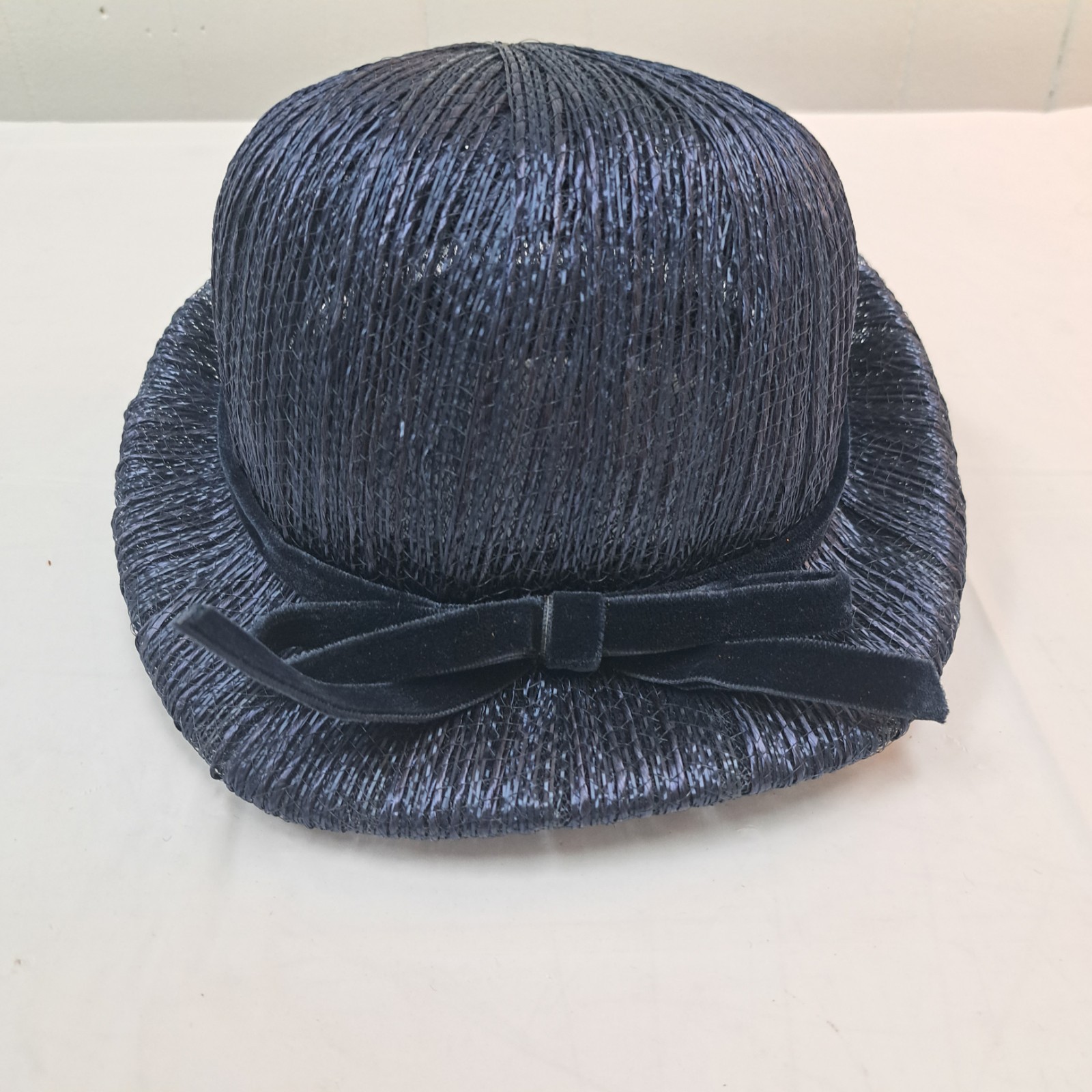 Vintage Amy NY Womens Blue Straw Hat Woven Costume Prop Decorative Bow