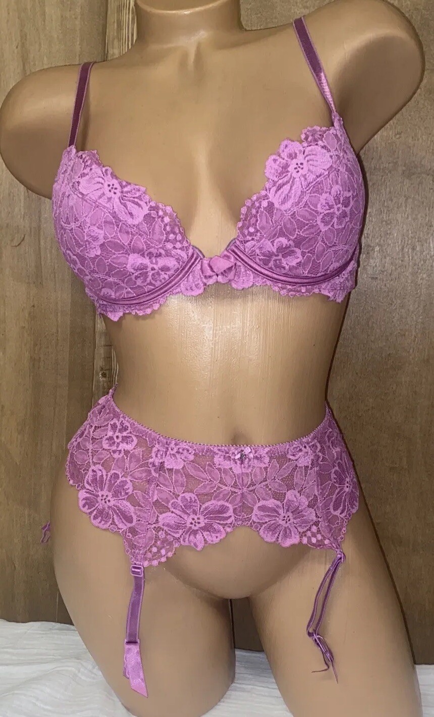 VTG DESIGNER SILKY VS 34B BRA GARTER BELT LUXURY SET Push Up Victoria’s Secret