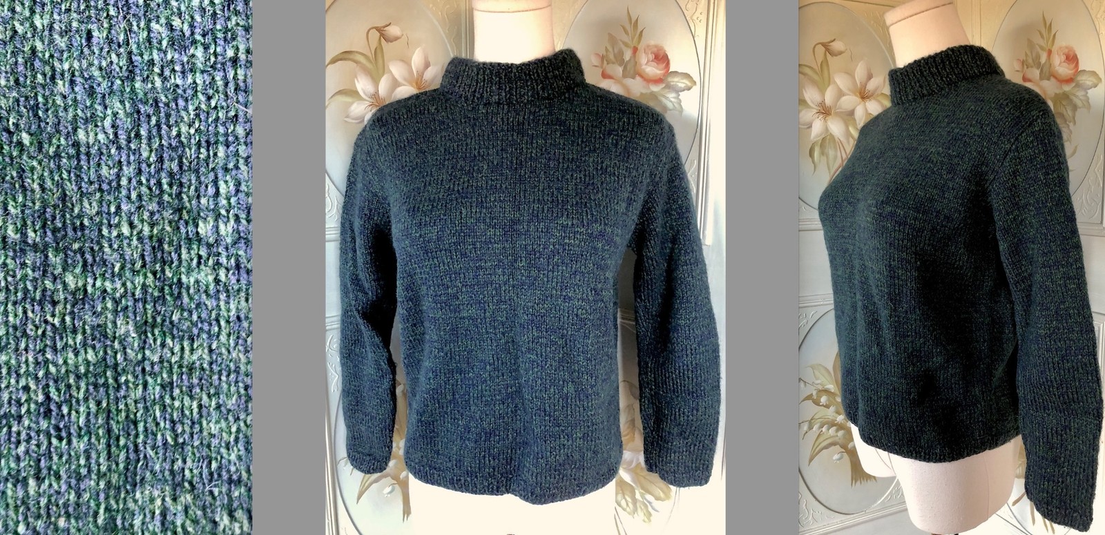 VTG 50s THICK WOOL PULLOVER SWEATER JUMPER HEATHERED TEAL GREEN BLUE MOCK EUC