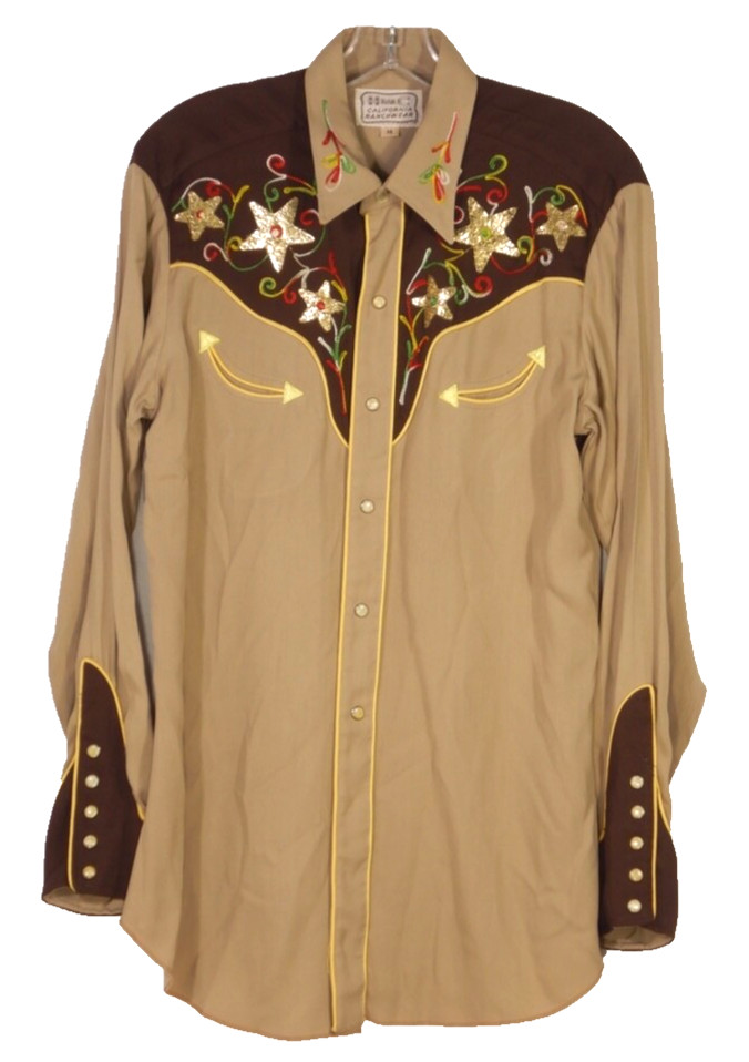 Vintage 1950s H Bar C Embroidered Gabardine Pearl Snap Western Shirt