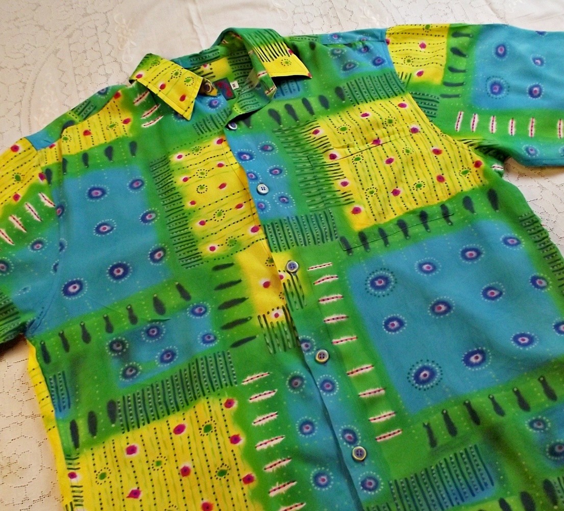 JAMS WORLD Vintage Mens Hawaiian Camp Lounge Shirt Jive Blue Green Rayon Med