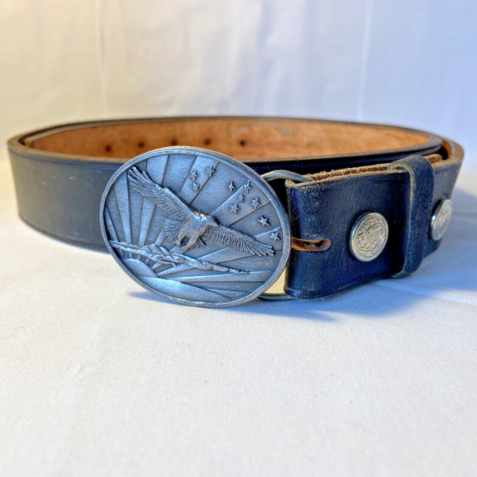 Bergamot Brass Works Eagle Belt Buckle Leather Stars Sun USA 1984 Q-143 48″ L