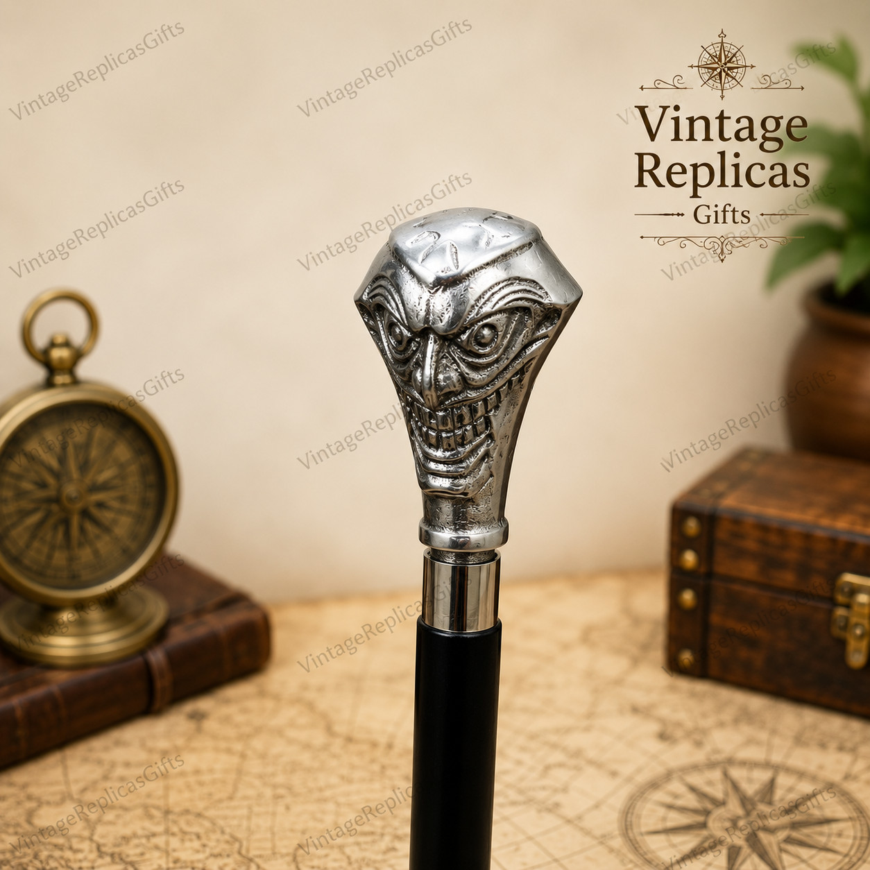 Joker Head Walking Stick Black Wooden Cane Gothic Halloween Costume Cosplay Gift
