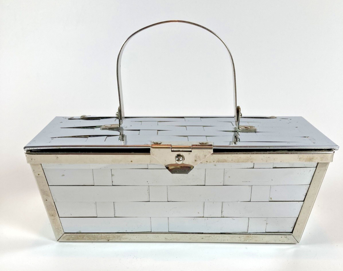 1950s Vintage Silver Basketweave Box Purse with Hinged Handle