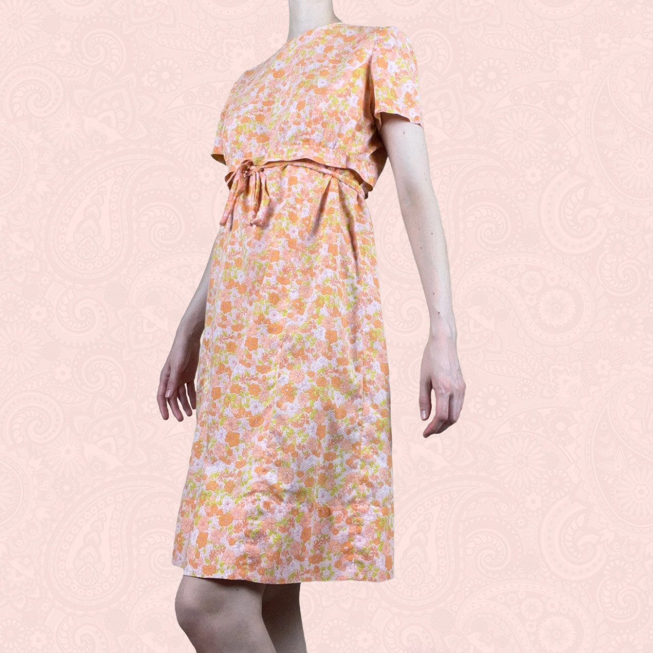 Vintage 60s 70s Handmade Pink Orange Floral Belted Empire Waist Dress S / M
