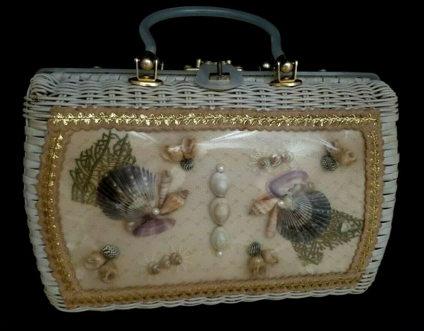 Vintage ATLAS Sea Shell White Straw Woven Wicker PURSE Pearls Women HANDBAG BAG