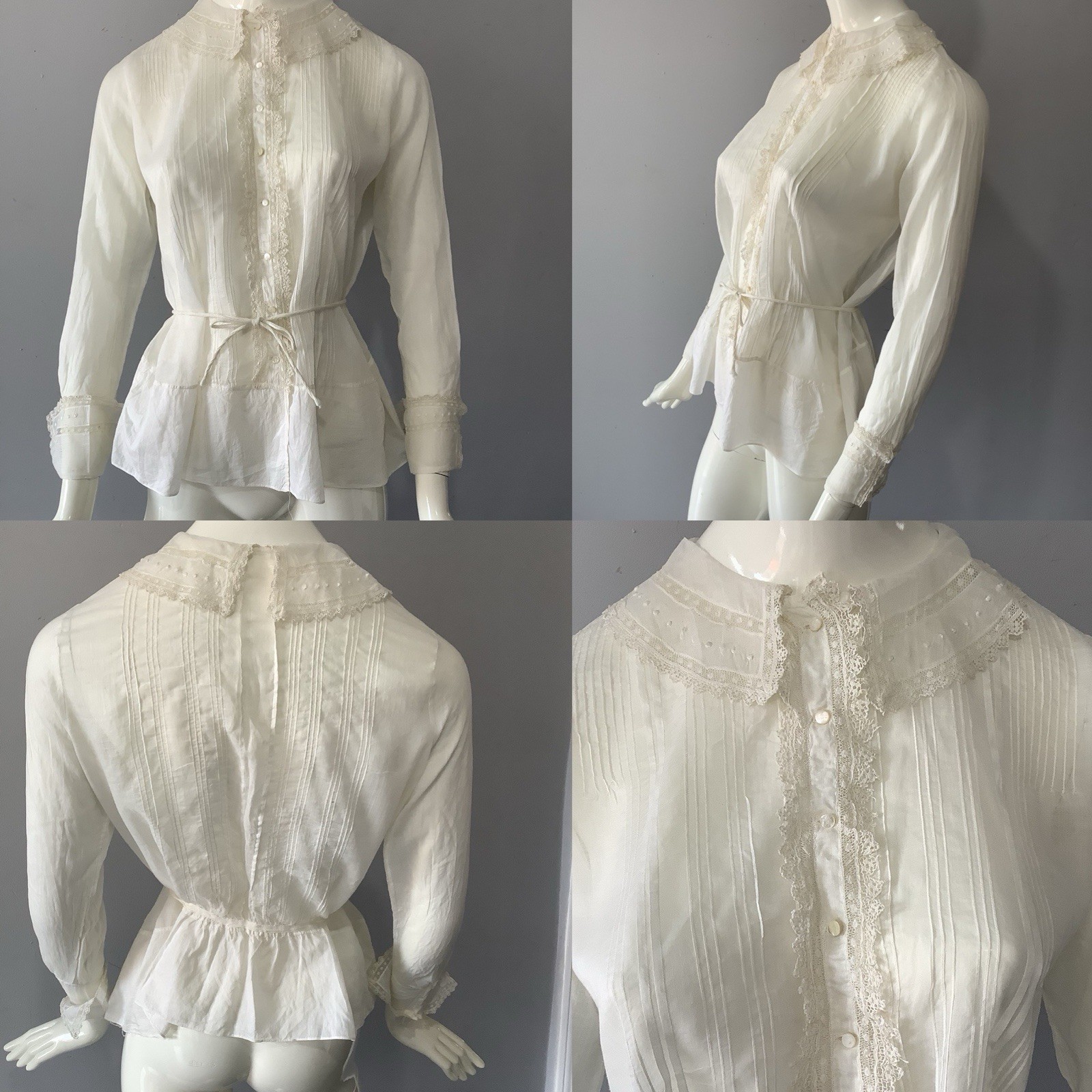 1900’s Edwardian White Cotton Sheer Blouse with Lace and Lace Ruffle Detail B 40