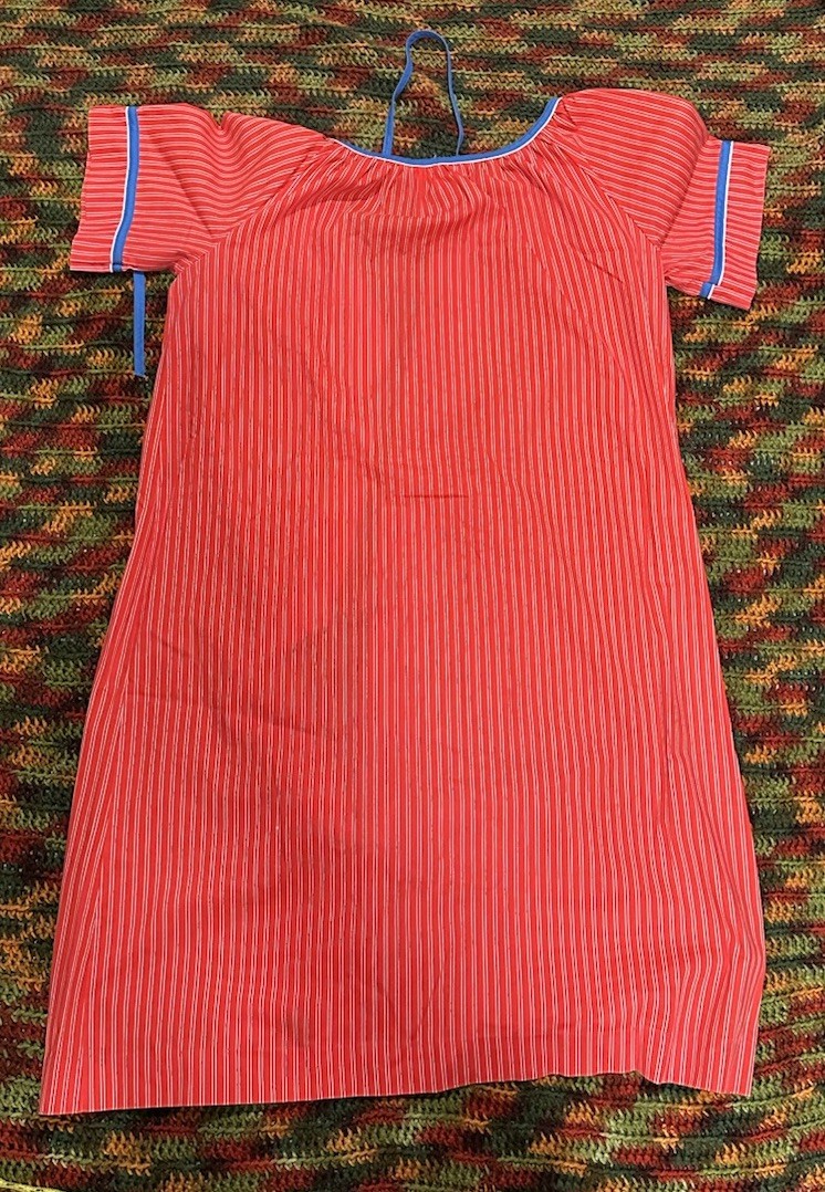 Vintage 70’s Mid Century MOD Owl Komar House Dress Muumuu Pearl Red Stripe Sz S