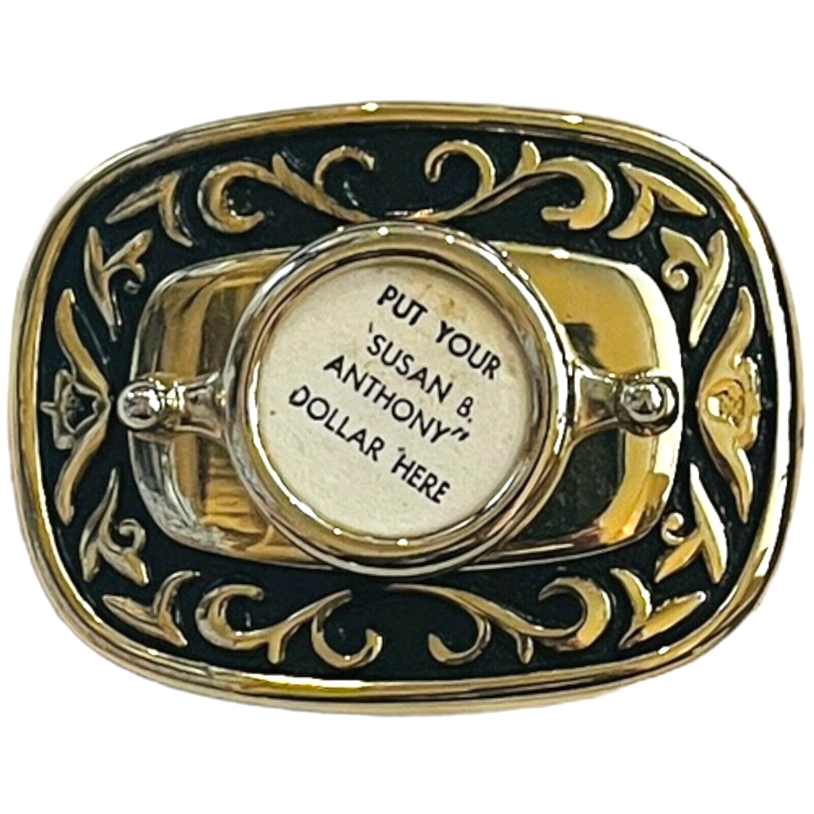 Susan B Anthony Belt Buckle – Vintage – Gold and Black Color – 3″ W x 2 1/4″ H