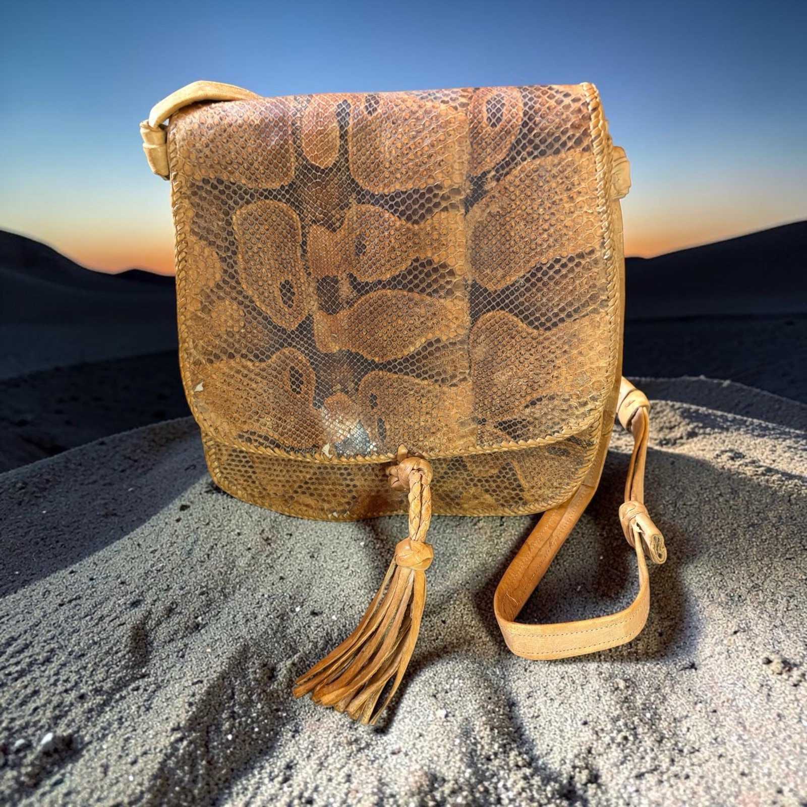 Vintage 70s Western BoHo Snakeskin Saddle Bag, Hand-Stitched Leather with Tassel