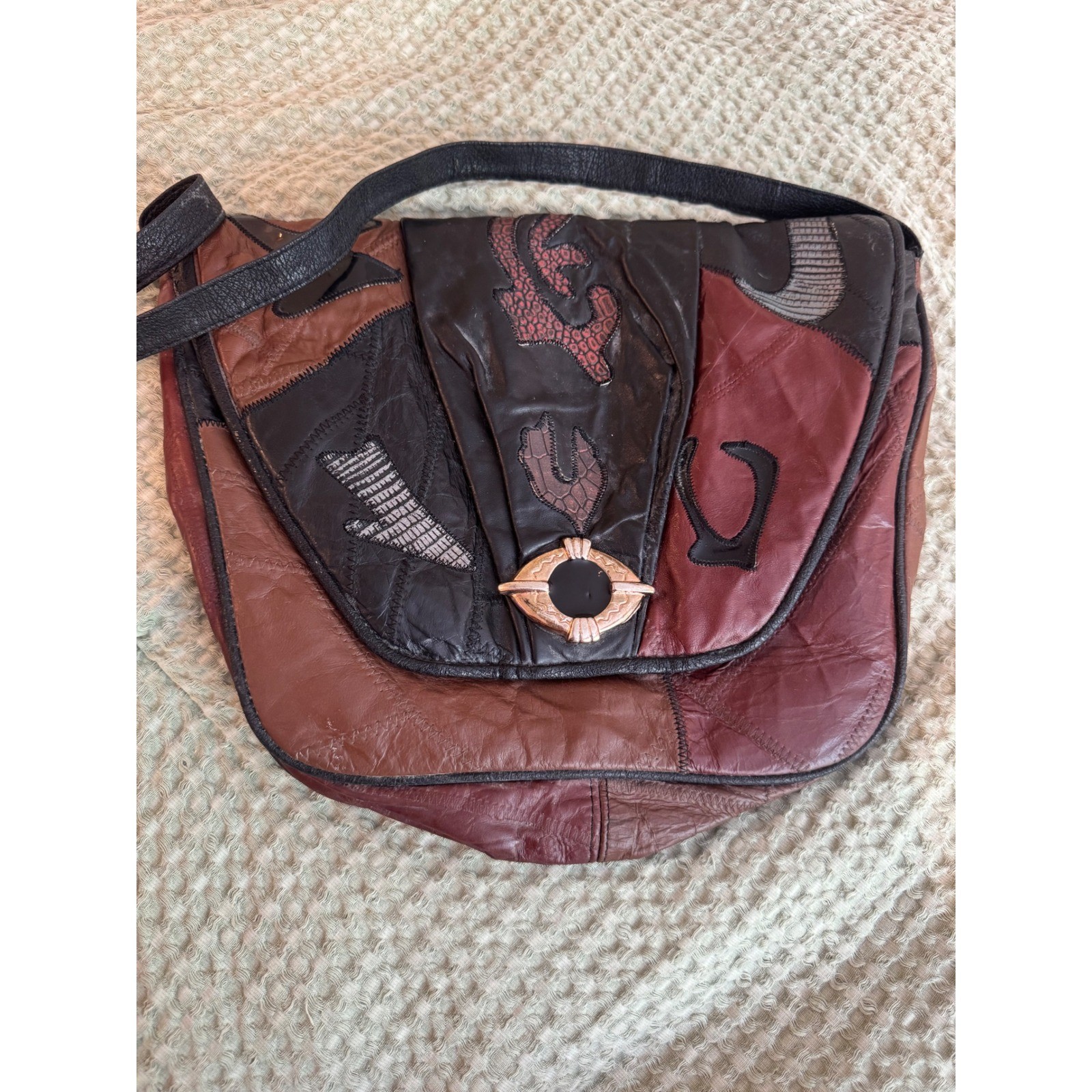 Vintage Sharif Patchwork Leather Crossbody Bag Earth Tone Boho Gold Hardware