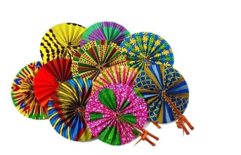 35 X African textile print hand fans / 35 pieces of fans/ Random Colours