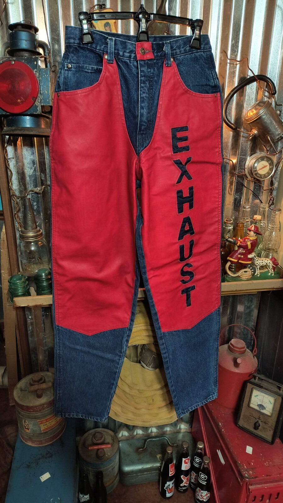 Exhaust Original Vintage 90s Two Tone Denim Jeans/ Red Leather Pants sz 30X31
