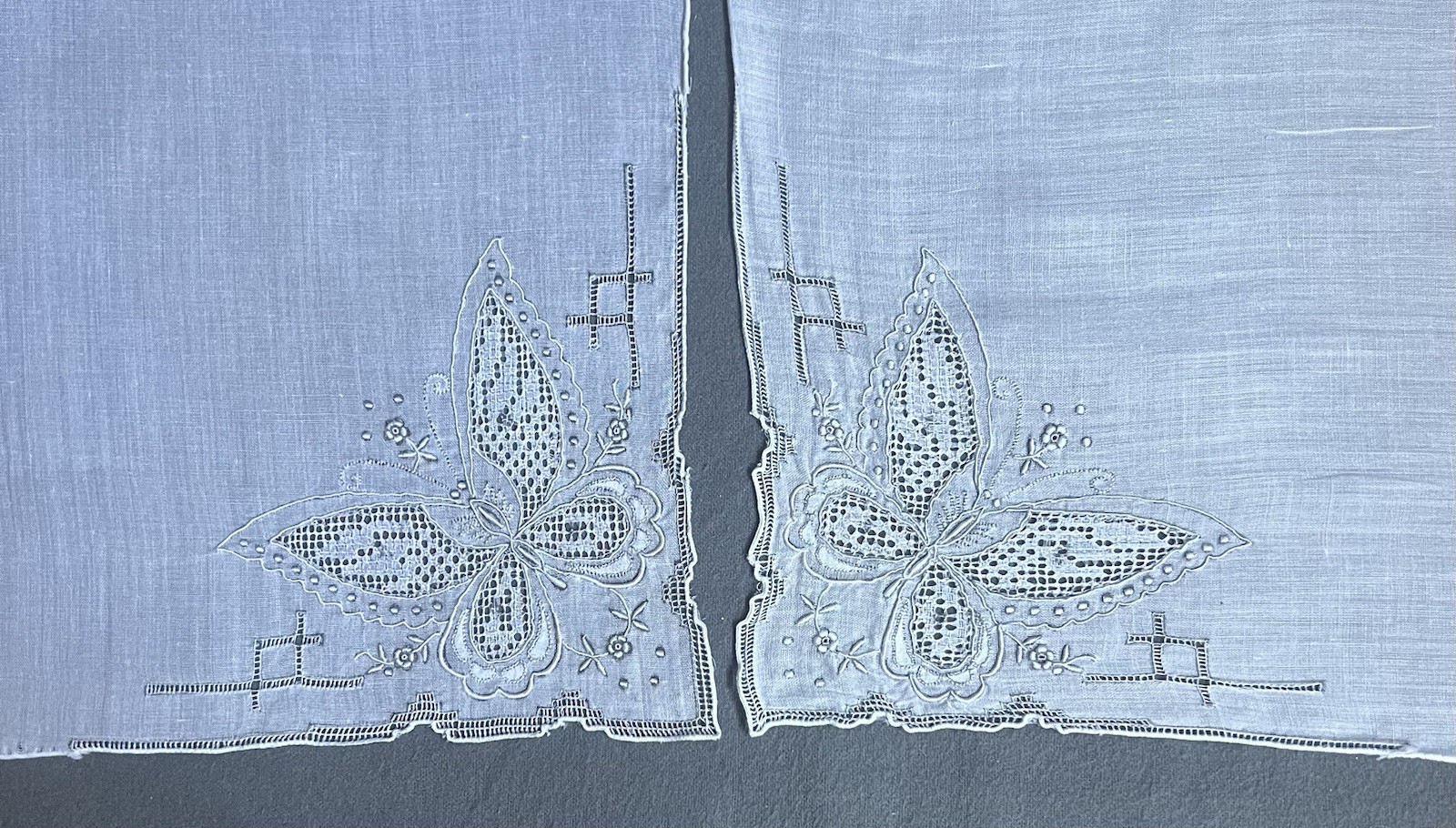 #73 Vintage 2 Identical White Hankie Butterfly Embroidered Pulled Thread Work