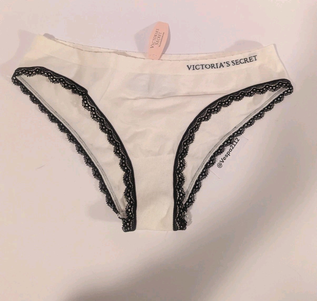Vintage Victorias Secret Cheekini Panty White Black Lace Angels Sheer Soft Sz L