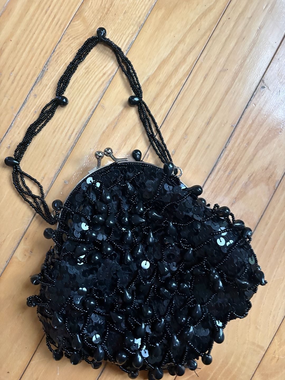 La Regale Vintage Black Sequin and Teardrop Beaded Evening Bag