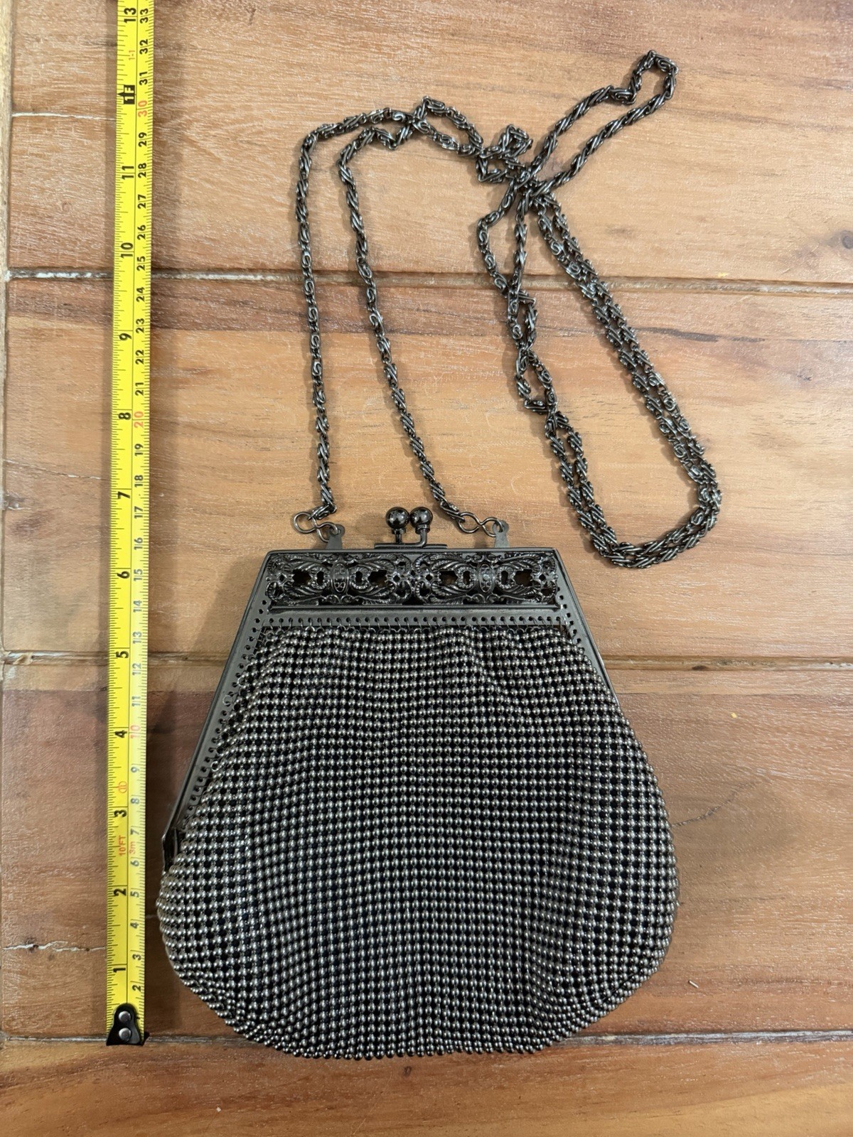 Vintage Black Gunmetal Mesh Evening Bag Kiss Lock Chain Purse