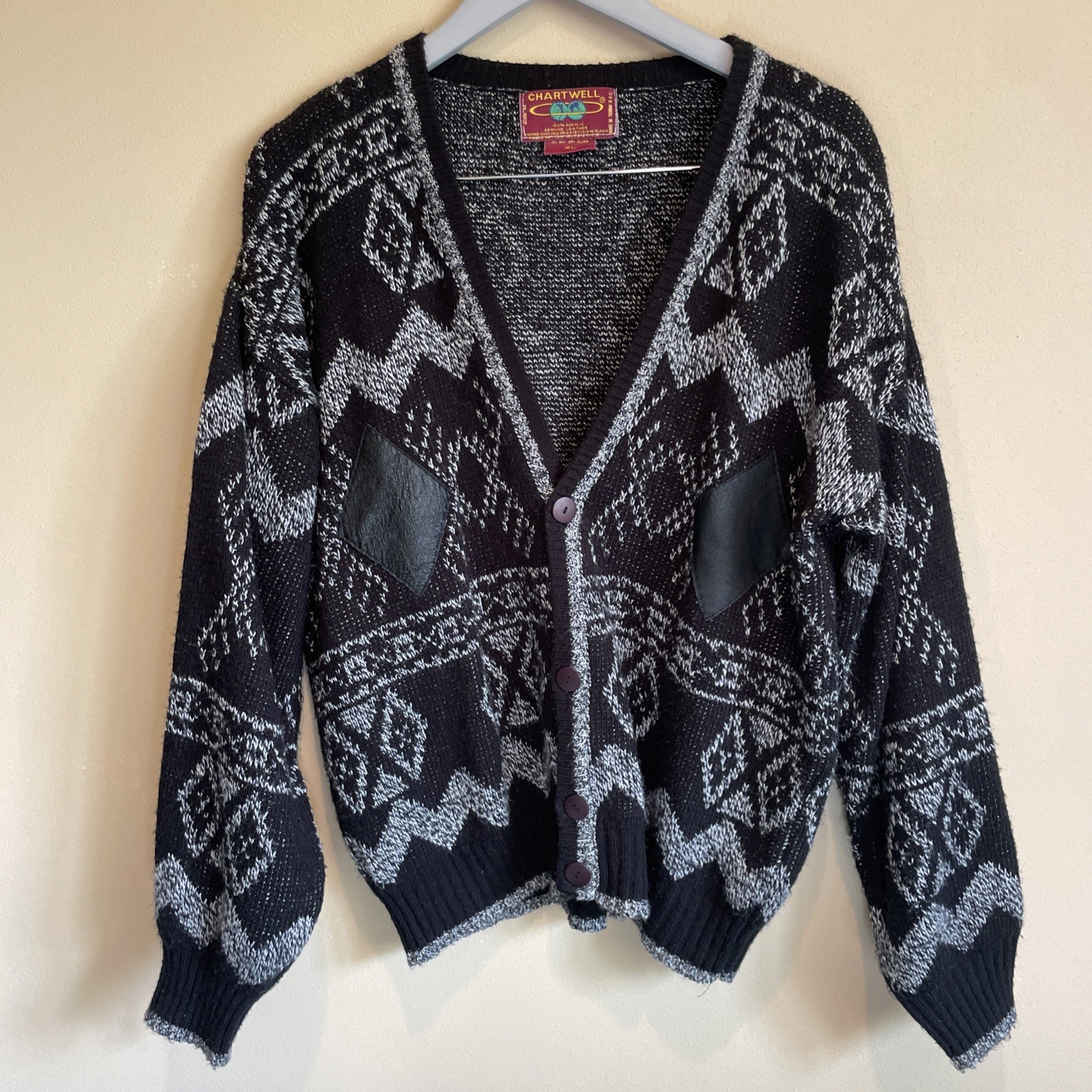 VTG Chartwell Knit Cardigan Mens XL Aztec Retro Sweater Grandpa Leather Trim
