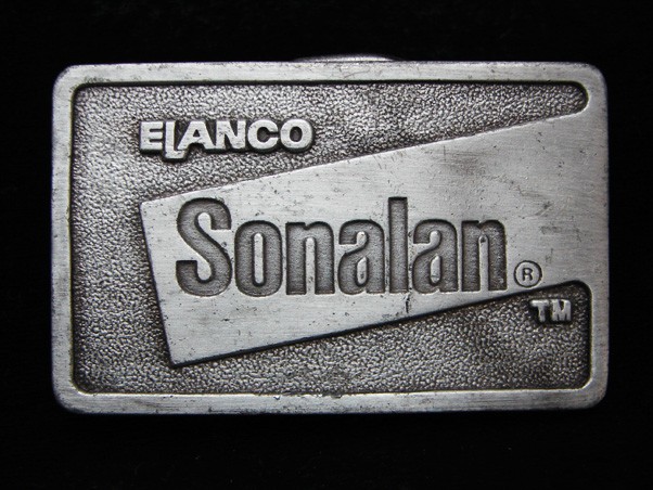 PD09110 VINTAGE 1970s **ELANCO SONALAN** HERBICIDE PEWTER BELT BUCKLE
