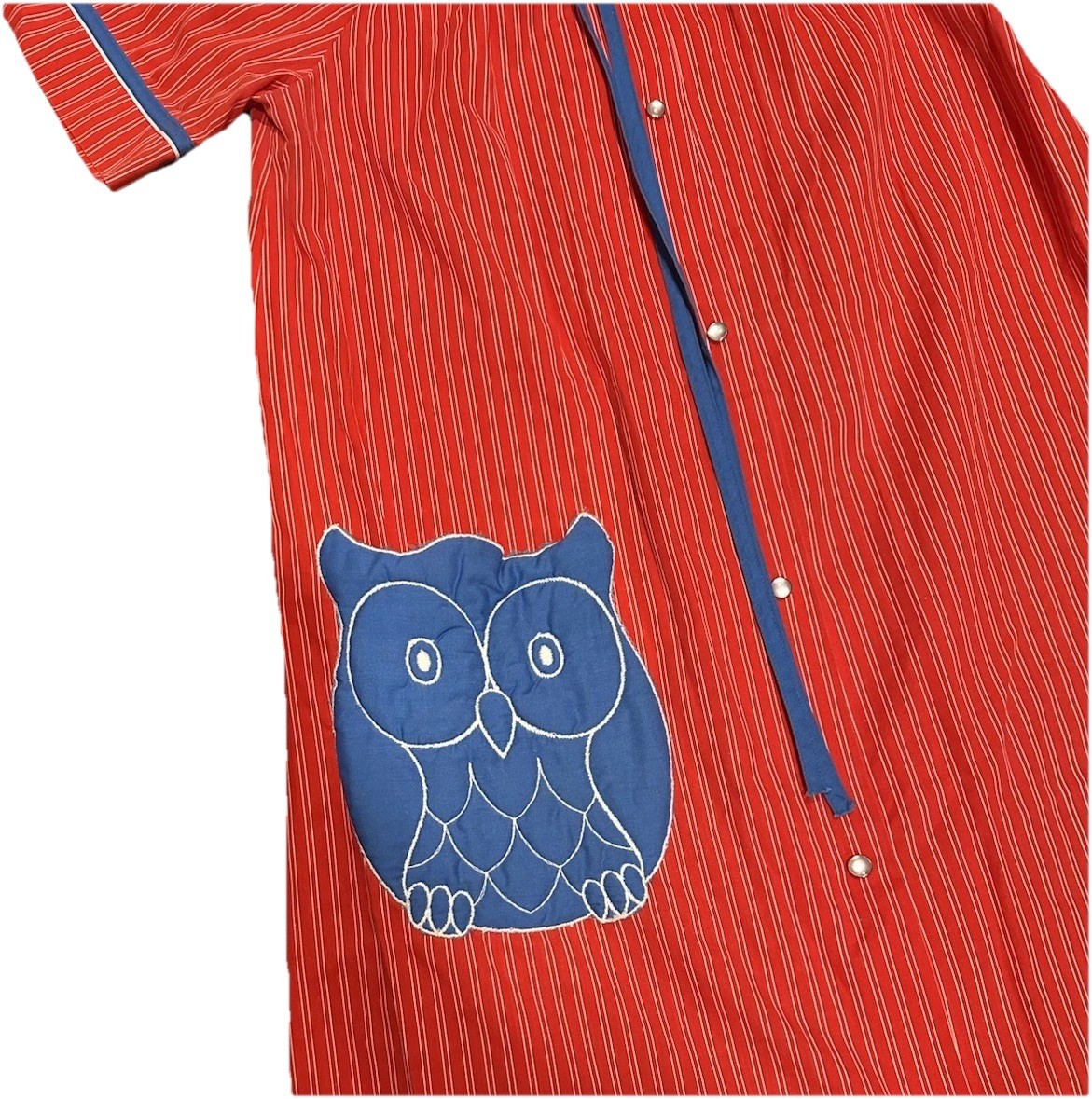 Vintage 70’s Mid Century MOD Owl Komar House Dress Muumuu Pearl Red Stripe Sz S