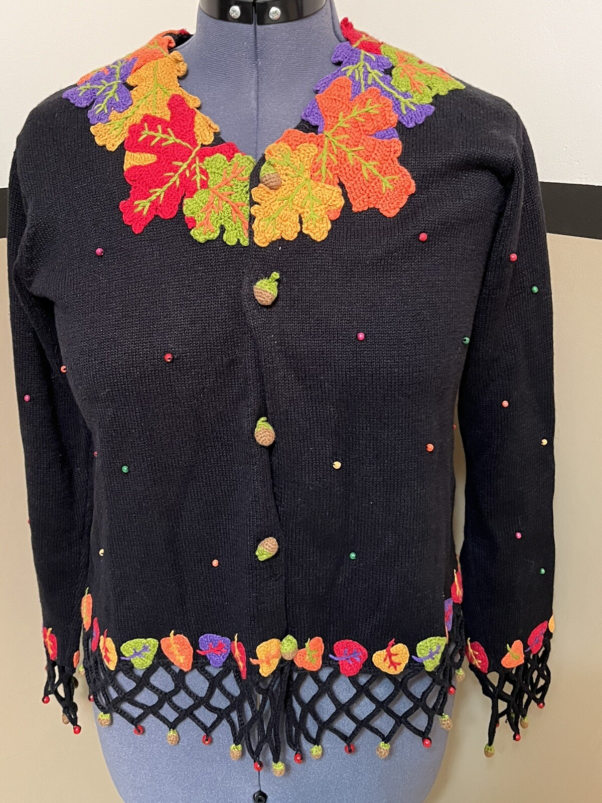 VTG 80s Cardigan Fall Leaves Sm Crocheted Philip & Jane Gordon Art To Wear