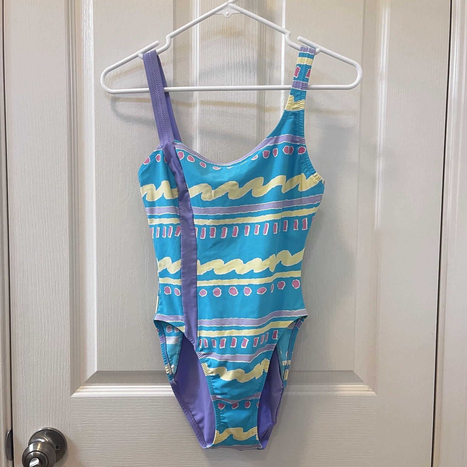 Vintage JAG One Piece Swimsuit Aqua Purple Pastel Abstract High Cut 80s Size 10